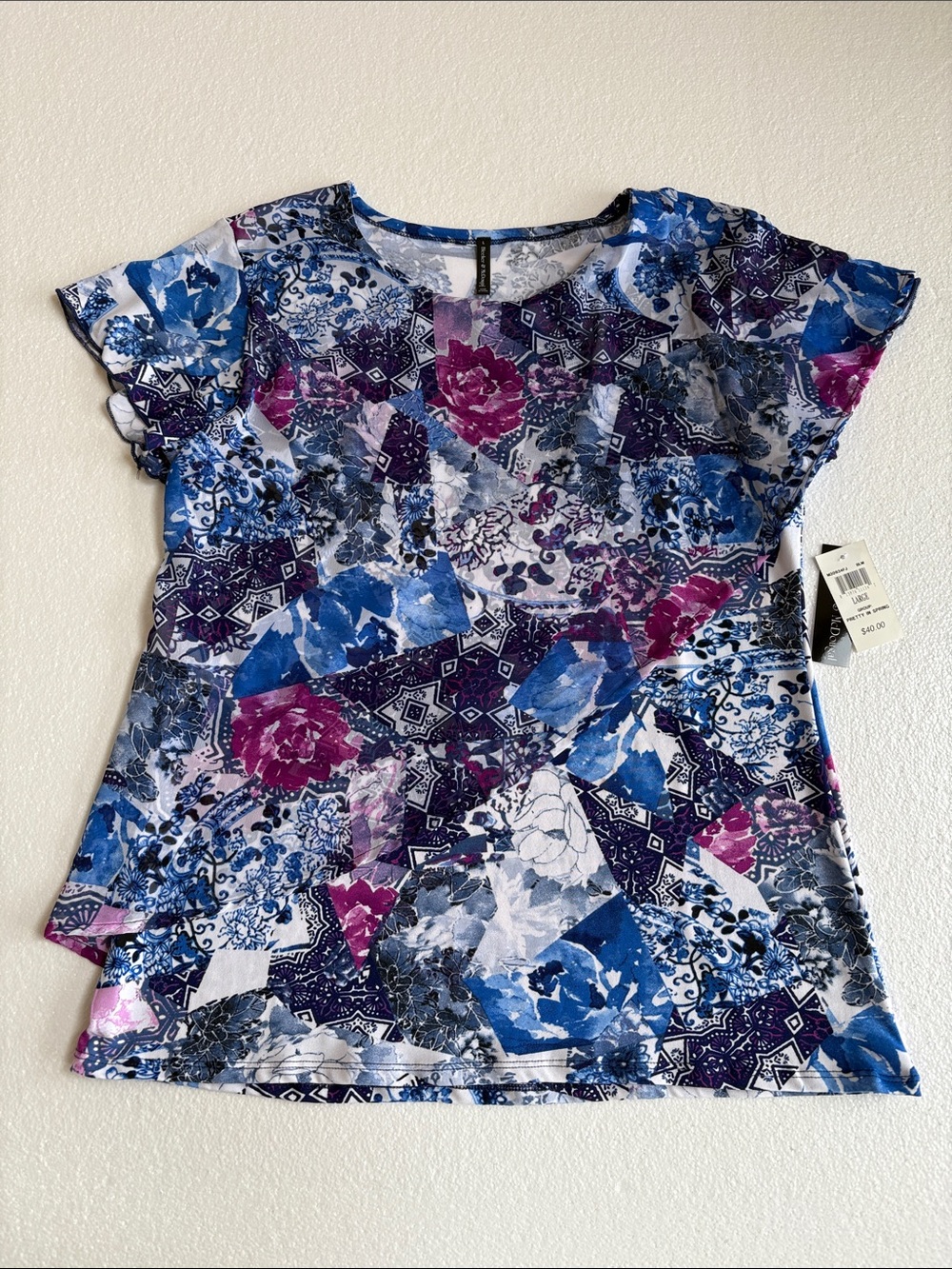 NWT Ladies Bleeker & McDougal Floral Patchwork Draped Short Sleeve Tee Size L